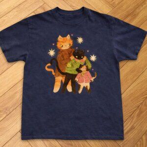 Navy - Cute Cat Family Graphic T-Shirt Unisex Soft Cotton Tee New